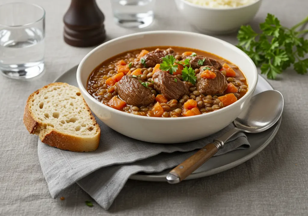 Hearty Lamb and Lentil Stew Recipe: 5 Irresistible Tips 1 Styled bowl of hearty lamb and lentil stew with parsley garnish, served with crusty bread on a cozy table.