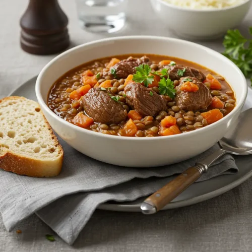 Hearty Lamb and Lentil Stew Recipe: 5 Irresistible Tips 4 Styled bowl of hearty lamb and lentil stew with parsley garnish, served with crusty bread on a cozy table.