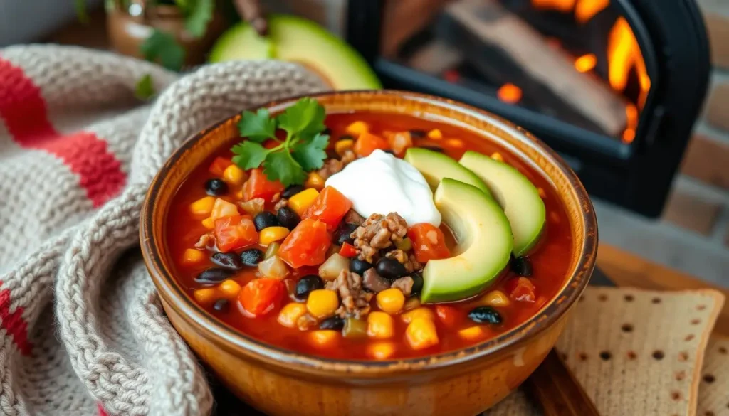 15 Best Taco Soup Frios Recipe Variations for Cozy Winter Nights 3 A close-up of taco soup frios with chunks of tomato, corn, and beans in a vibrant broth.