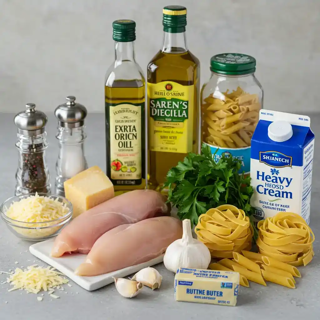 Ingredients, including chicken, garlic, parmesan, and pasta