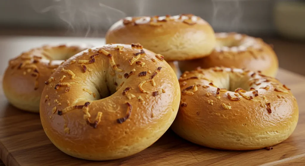 Easy Onion Bagel Recipe: 8 Irresistible Homemade Bagels 1 Golden-brown homemade onion bagels topped with caramelized onions, one sliced with cream cheese, styled on a wooden board