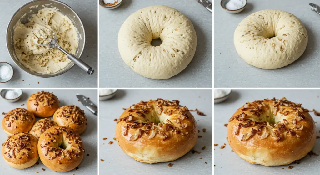 Easy Onion Bagel Recipe: 8 Irresistible Homemade Bagels 2 Hands shaping dough for a homemade onion bagel recipe on a floured surface, with risen dough balls nearby.
