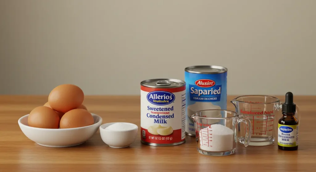 The Best Quesillo Recipe: A Step-by-Step Guide for Beginners 2 Ingredients for making quesillo, including eggs, sweetened condensed milk, evaporated milk, sugar, and vanilla extract.