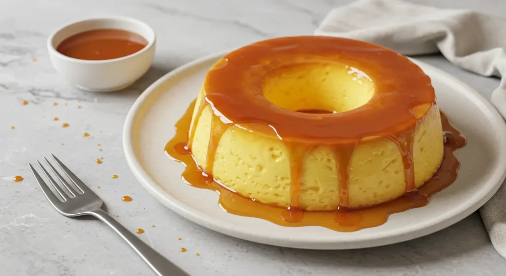 The Best Quesillo Recipe: A Step-by-Step Guide for Beginners 4 A freshly made quesillo dessert with glossy caramel topping, served on a white plate with a fork and a bowl of caramel sauce.