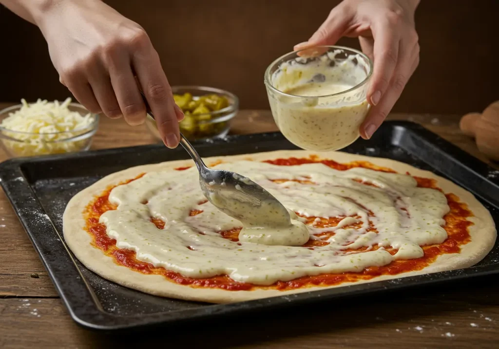 Pickle Pie Pizza: 5 Delicious Dill Pickle Pizza Recipes 3 Spreading garlic sauce on pizza dough, a key step in making dill pickle pizza, with toppings ready nearby.