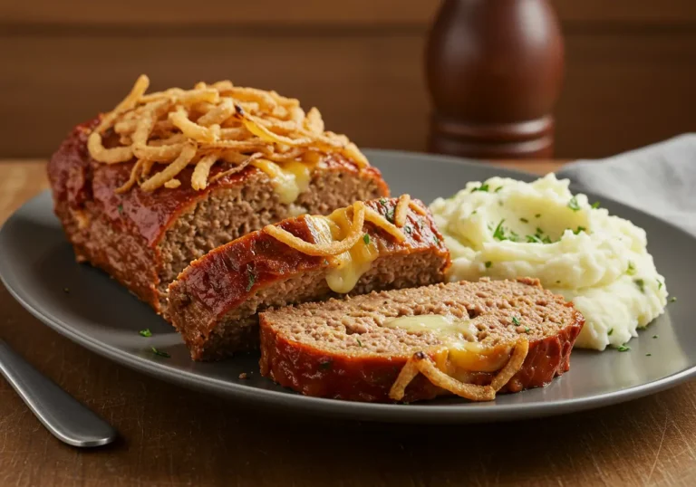 Sliced French onion meatloaf with melted cheese and French fried onions, served with mashed potatoes