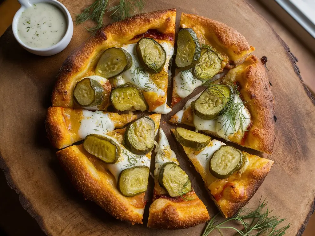 Pickle Pie Pizza: 5 Delicious Dill Pickle Pizza Recipes 1 Completed Pickle Pie Pizza with golden crust, melted cheese, and dill pickles, styled on a wooden board.