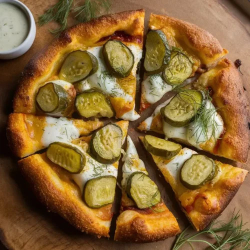 Pickle Pie Pizza: 5 Delicious Dill Pickle Pizza Recipes 4 Completed Pickle Pie Pizza with golden crust, melted cheese, and dill pickles, styled on a wooden board.
