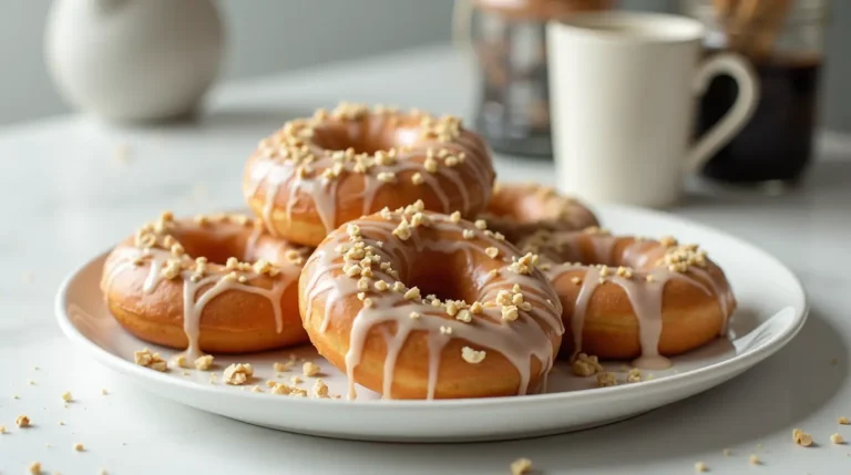 Styled presentation of protein donuts drizzled with glaze and sprinkled with nuts, showcasing the finished protein donut recipe
