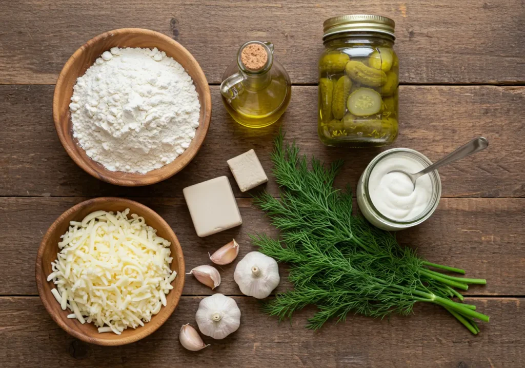 Fresh ingredients for Pickle Pie Pizza, including flour, dill pickles, ranch dressing, and mozzarella, arranged on a wooden table