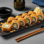 Plated chicken tempura roll with spicy mayo and sesame seeds, showcasing a crispy and colorful sushi presentation