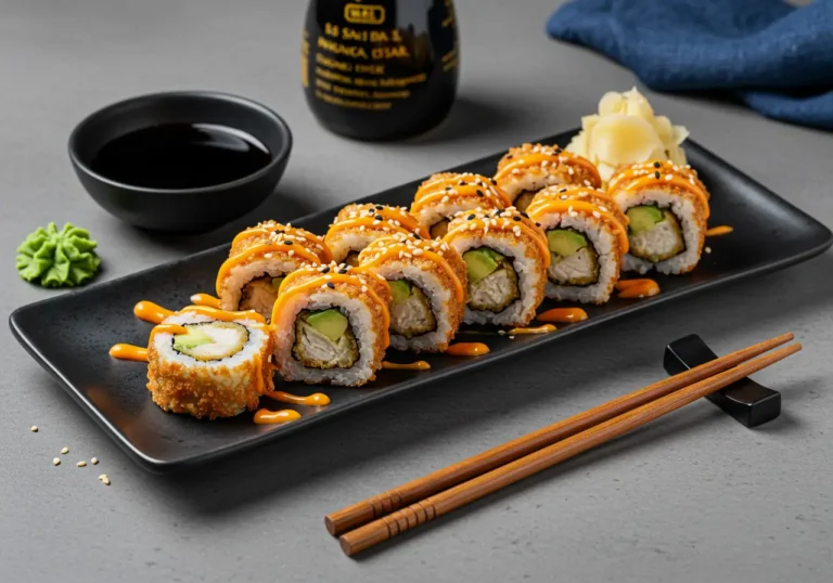 Plated chicken tempura roll with spicy mayo and sesame seeds, showcasing a crispy and colorful sushi presentation