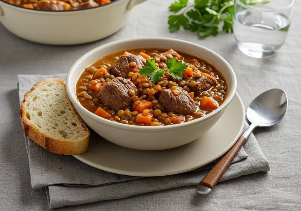 Hearty Lamb and Lentil Stew Recipe: 5 Irresistible Tips 5 Styled bowl of hearty lamb and lentil stew with parsley garnish, served with crusty bread on a cozy table.