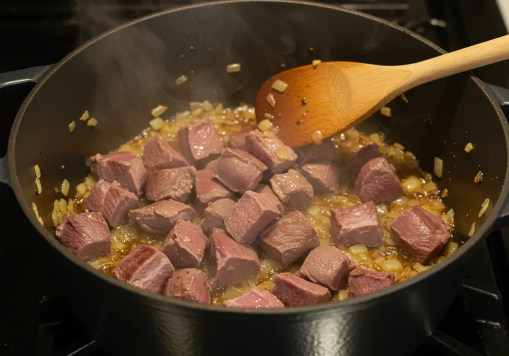 Hearty Lamb and Lentil Stew Recipe: 5 Irresistible Tips 3 Close-up of lamb shoulder browning with onions and spices in a Dutch oven for lamb lentil stew