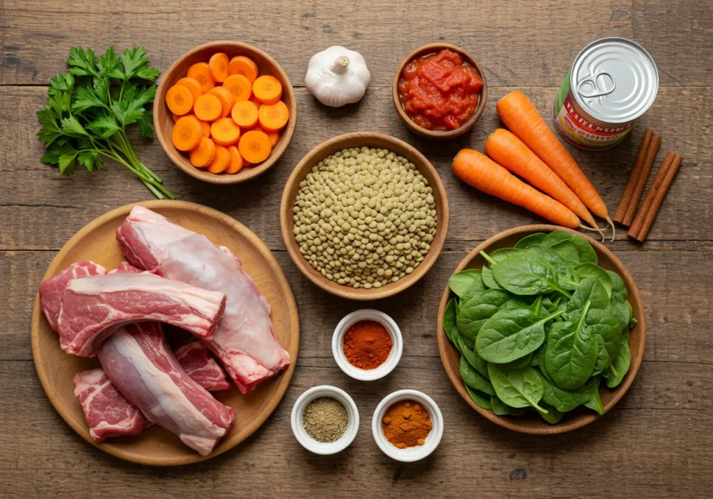 Hearty Lamb and Lentil Stew Recipe: 5 Irresistible Tips 2 Top-down view of fresh ingredients for lamb and lentil stew, including lamb shoulder, green lentils, carrots, spinach, and spices on a wooden table