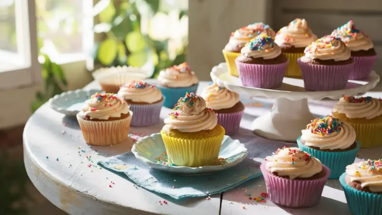 Finished dairy free cupcakes with colorful decorations and sprinkles on a rustic wooden table, ready to enjoy