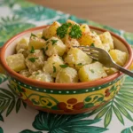 Finished Puerto Rican potato salad recipe in a bowl, garnished with parsley and paprika