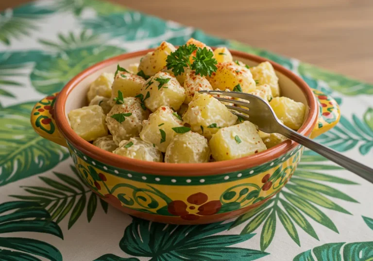 Finished Puerto Rican potato salad recipe in a bowl, garnished with parsley and paprika